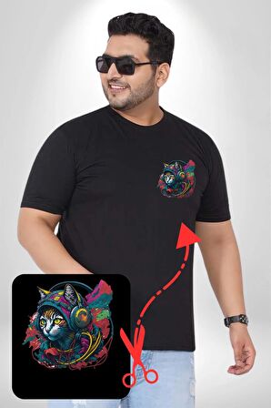 Kulaklık Kedi Müzik Tekir  Siyah Büyük Beden Kadın Basic Minimal Baskılı Tişört