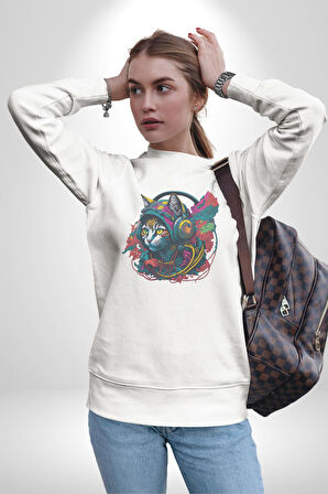 Kulaklık Kedi Müzik Tekir  Kadın Erkek  Beyaz Baskılı Sweatshirt 