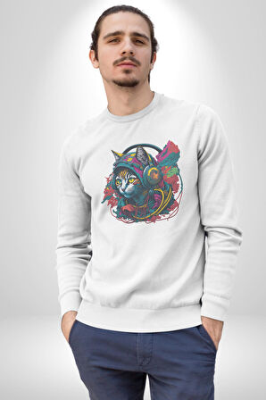 Kulaklık Kedi Müzik Tekir  Kadın Erkek  Beyaz Baskılı Sweatshirt 
