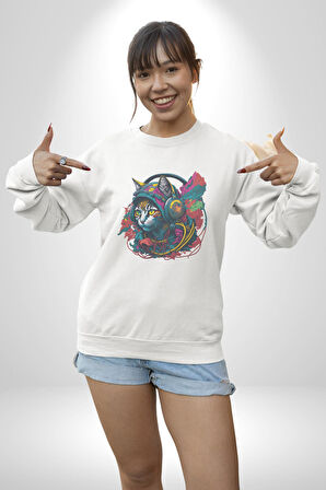 Kulaklık Kedi Müzik Tekir  Kadın Erkek  Beyaz Baskılı Sweatshirt 