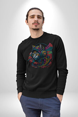 Kulaklık Kedi Müzik Tekir  Kadın Erkek  Siyah Baskılı Sweatshirt 