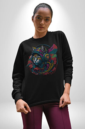 Kulaklık Kedi Müzik Tekir  Kadın Erkek  Siyah Baskılı Sweatshirt 
