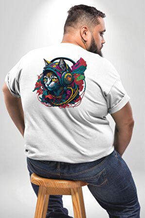 Kulaklık Kedi Müzik Tekir  Büyük Beden Beyaz Tişört Kadın Erkek Ünisex Sırt Baskılı