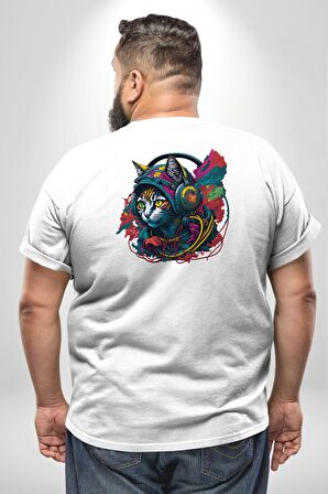Kulaklık Kedi Müzik Tekir  Büyük Beden Beyaz Tişört Kadın Erkek Ünisex Sırt Baskılı