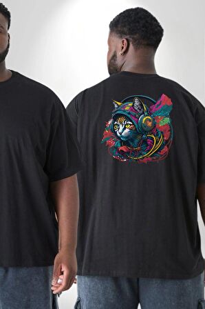 Kulaklık Kedi Müzik Tekir  Büyük Beden Siyah Tişört Kadın Erkek Ünisex Sırt Baskılı