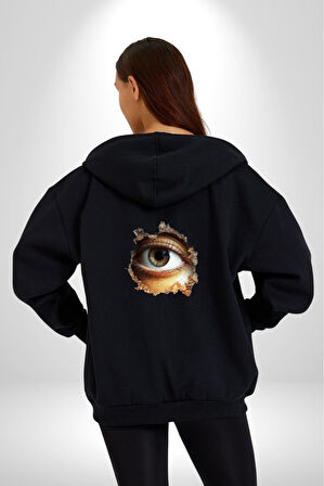 Duvardan Biri Bizi Gözetliyor Kadın Erkek Siyah Renk Kapüşonlu Kanguru Cepli  Fermuarlı Pamuklu Oversize Dijital Baskılı Hırka Sweatshirt