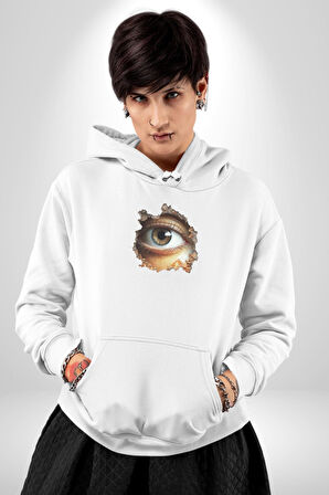 Duvardan Biri Bizi Gözetliyor Kadın Erkek  Beyaz Kapüşonlu Sweatshirt Hoodie