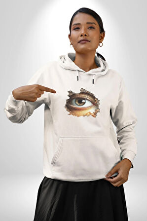 Duvardan Biri Bizi Gözetliyor Kadın Erkek  Beyaz Kapüşonlu Sweatshirt Hoodie