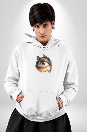 Duvardan Biri Bizi Gözetliyor Kadın Erkek  Beyaz Kapüşonlu Sweatshirt Hoodie