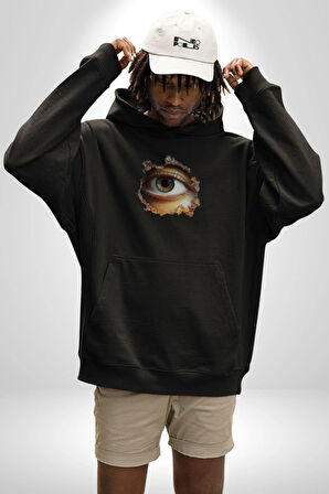 Duvardan Biri Bizi Gözetliyor Kadın Erkek  Siyah Kapüşonlu Sweatshirt Hoodie