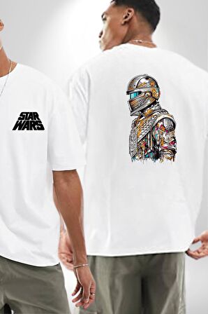 Star Wars The Mandalorian   Beyaz Oversize Kadın Erkek Ön ve Sırt Baskılı Tişört