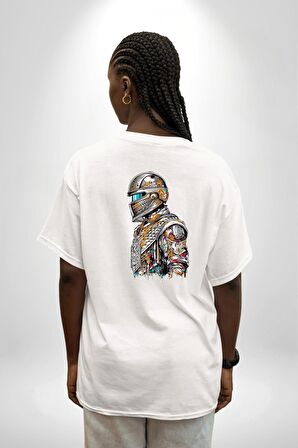 Star Wars The Mandalorian   Beyaz Oversize Kadın Erkek Ön ve Sırt Baskılı Tişört