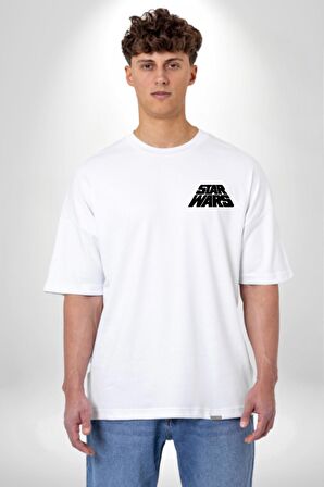 Star Wars The Mandalorian   Beyaz Oversize Kadın Erkek Ön ve Sırt Baskılı Tişört