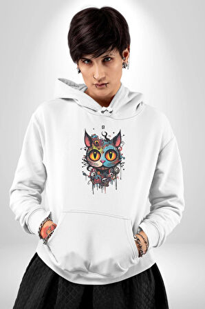 Meksikalı Alebrije Kedi Fütüristik Kedi  Kadın Erkek  Beyaz Kapüşonlu Sweatshirt Hoodie