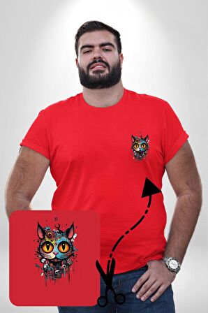 Meksikalı Alebrije Kedi Fütüristik Kedi  Kırmızı Büyük Beden Kadın Basic Minimal Baskılı Tişört