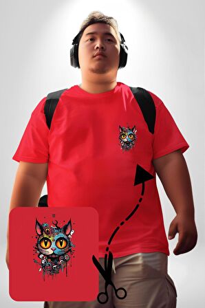 Meksikalı Alebrije Kedi Fütüristik Kedi  Kırmızı Büyük Beden Kadın Basic Minimal Baskılı Tişört