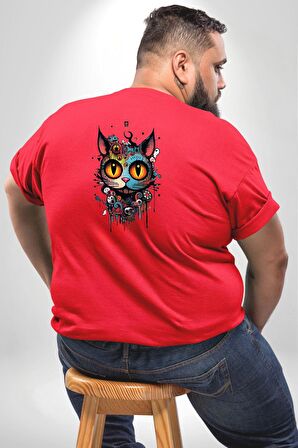 Meksikalı Alebrije Kedi Fütüristik Kedi  Büyük Beden Kırmızı Tişört Kadın Erkek Ünisex Sırt Baskılı