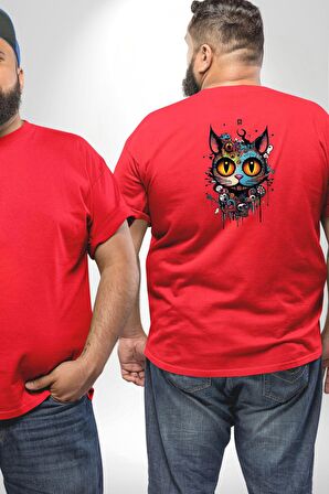 Meksikalı Alebrije Kedi Fütüristik Kedi  Büyük Beden Kırmızı Tişört Kadın Erkek Ünisex Sırt Baskılı