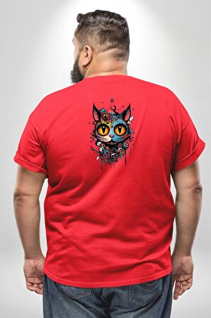 Meksikalı Alebrije Kedi Fütüristik Kedi  Büyük Beden Kırmızı Tişört Kadın Erkek Ünisex Sırt Baskılı