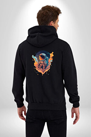 Bulutlar Astronot Uzay  Kadın Erkek Siyah Renk Kapüşonlu Kanguru Cepli  Fermuarlı Pamuklu Oversize Dijital Baskılı Hırka Sweatshirt
