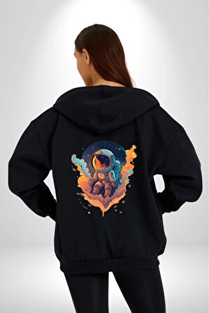 Bulutlar Astronot Uzay  Kadın Erkek Siyah Renk Kapüşonlu Kanguru Cepli  Fermuarlı Pamuklu Oversize Dijital Baskılı Hırka Sweatshirt