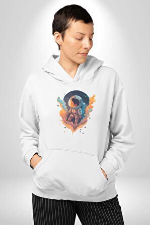 Bulutlar Astronot Uzay  Kadın Erkek  Beyaz Kapüşonlu Sweatshirt Hoodie