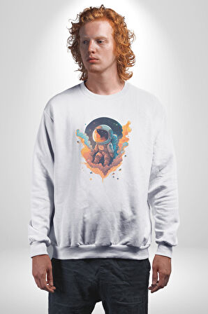 Bulutlar Astronot Uzay  Kadın Erkek  Beyaz Baskılı Sweatshirt 