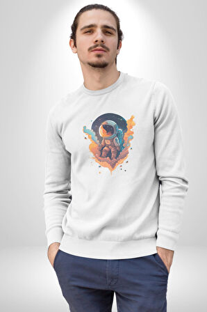 Bulutlar Astronot Uzay  Kadın Erkek  Beyaz Baskılı Sweatshirt 