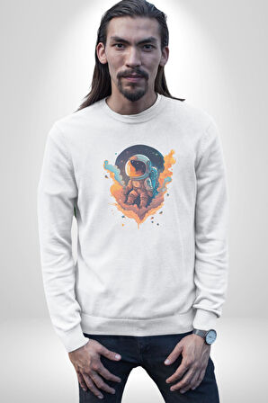 Bulutlar Astronot Uzay  Kadın Erkek  Beyaz Baskılı Sweatshirt 