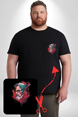 Santa Cool Gözlüklü Siyah Büyük Beden Kadın Basic Minimal Baskılı Tişört