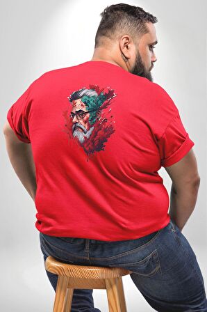 Santa Cool Gözlüklü Büyük Beden Kırmızı Tişört Kadın Erkek Ünisex Sırt Baskılı