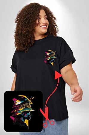 Canlı Afrobeat Füzyon Renkli Siluet Siyah Büyük Beden Kadın Basic Minimal Baskılı Tişört