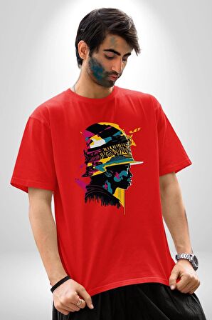 Canlı Afrobeat Füzyon Renkli Siluet Pamuklu Bisiklet Yaka Kadın Erkek Oversize Boyfriend Dijital Baskılı Kırmızı T-Shirt