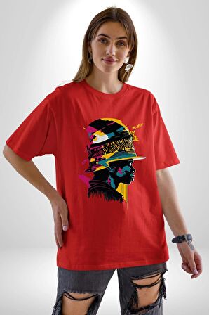 Canlı Afrobeat Füzyon Renkli Siluet Pamuklu Bisiklet Yaka Kadın Erkek Oversize Boyfriend Dijital Baskılı Kırmızı T-Shirt