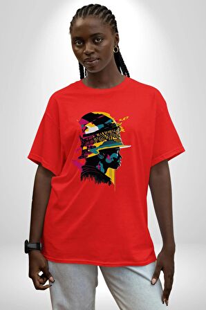 Canlı Afrobeat Füzyon Renkli Siluet Pamuklu Bisiklet Yaka Kadın Erkek Oversize Boyfriend Dijital Baskılı Kırmızı T-Shirt