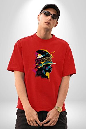 Canlı Afrobeat Füzyon Renkli Siluet Pamuklu Bisiklet Yaka Kadın Erkek Oversize Boyfriend Dijital Baskılı Kırmızı T-Shirt