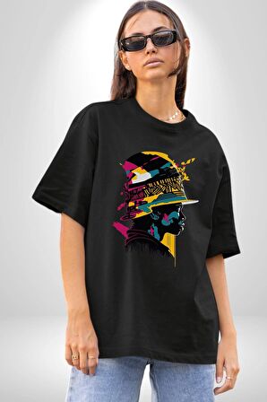 Canlı Afrobeat Füzyon Renkli Siluet Pamuklu Bisiklet Yaka Kadın Erkek Oversize Boyfriend Dijital Baskılı Siyah T-shirt
