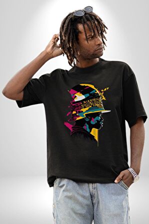 Canlı Afrobeat Füzyon Renkli Siluet Pamuklu Bisiklet Yaka Kadın Erkek Oversize Boyfriend Dijital Baskılı Siyah T-shirt