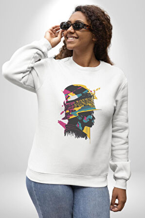 Canlı Afrobeat Füzyon Renkli Siluet Kadın Erkek  Beyaz Baskılı Sweatshirt 