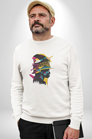 Canlı Afrobeat Füzyon Renkli Siluet Kadın Erkek  Beyaz Baskılı Sweatshirt 