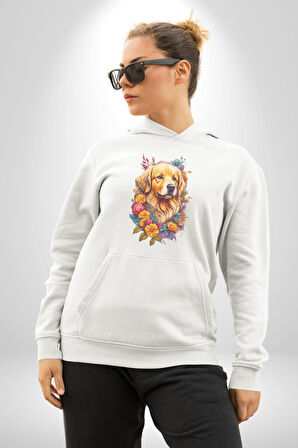 Golden Çiçekli Baby Face Kadın Erkek  Beyaz Kapüşonlu Sweatshirt Hoodie