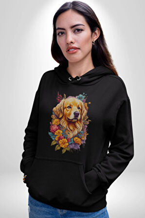 Golden Çiçekli Baby Face Kadın Erkek  Siyah Kapüşonlu Sweatshirt Hoodie