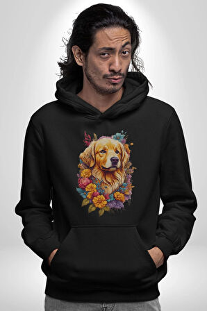Golden Çiçekli Baby Face Kadın Erkek  Siyah Kapüşonlu Sweatshirt Hoodie