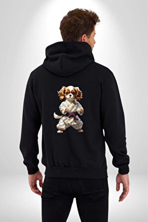 Cavailer King Charles Spaniel Karate Kadın Erkek Siyah Renk Kapüşonlu Kanguru Cepli  Fermuarlı Pamuklu Oversize Dijital Baskılı Hırka Sweatshirt