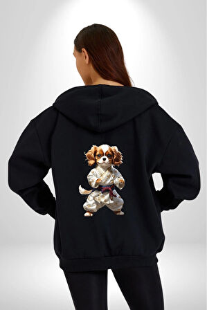 Cavailer King Charles Spaniel Karate Kadın Erkek Siyah Renk Kapüşonlu Kanguru Cepli  Fermuarlı Pamuklu Oversize Dijital Baskılı Hırka Sweatshirt