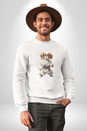 Cavailer King Charles Spaniel Karate Kadın Erkek  Beyaz Baskılı Sweatshirt 