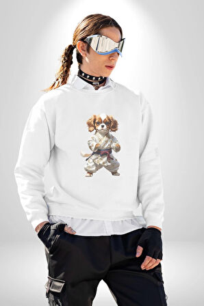 Cavailer King Charles Spaniel Karate Kadın Erkek  Beyaz Baskılı Sweatshirt 