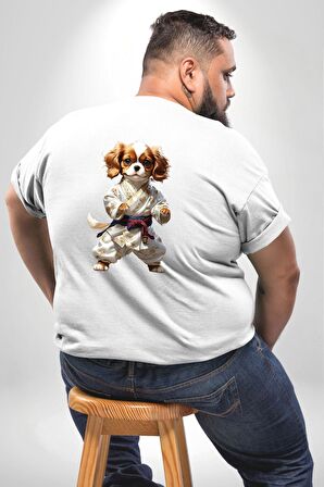 Cavailer King Charles Spaniel Karate Büyük Beden Beyaz Tişört Kadın Erkek Ünisex Sırt Baskılı