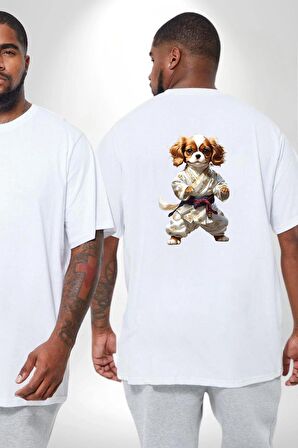 Cavailer King Charles Spaniel Karate Büyük Beden Beyaz Tişört Kadın Erkek Ünisex Sırt Baskılı