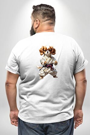 Cavailer King Charles Spaniel Karate Büyük Beden Beyaz Tişört Kadın Erkek Ünisex Sırt Baskılı